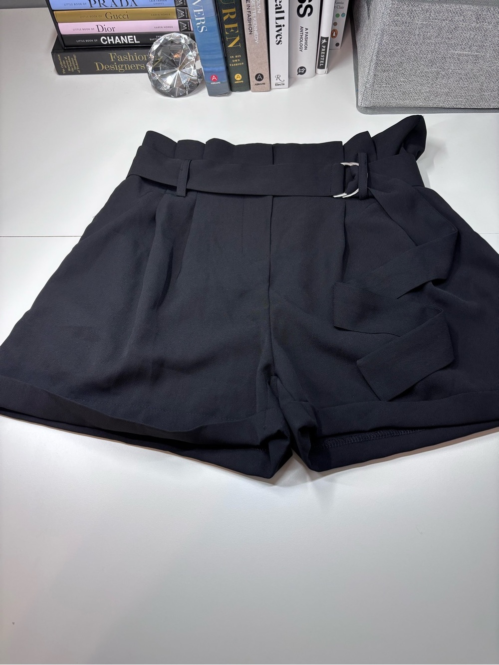 SHEIN Black High-Waist Paperbag Belted Shorts LIKE NEW Size L